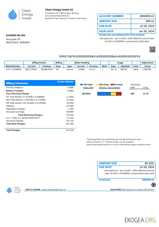 Modèle de facture de services publics pour les entreprises de Norvège Clean Energy Invest AS aux formats Word et PDF, bon pour prouver l'adresse
